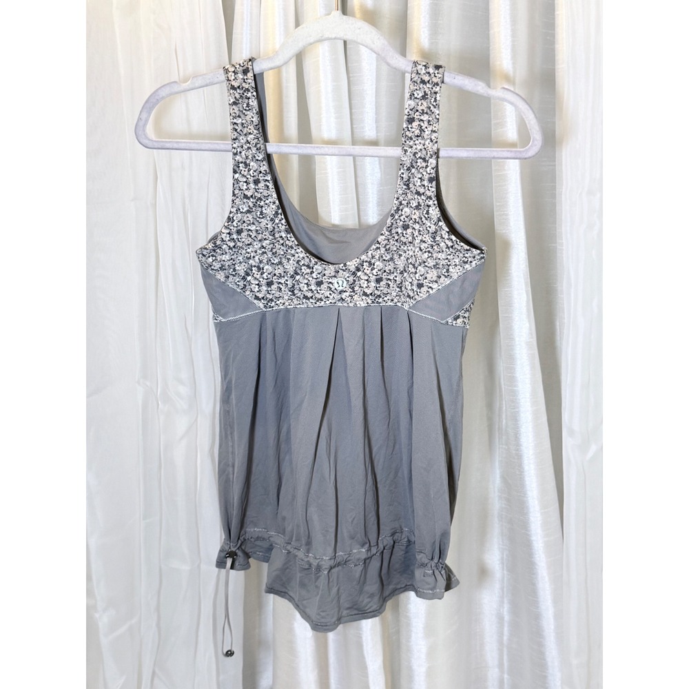 Lululemon Tank Top Women 6 Grey Floral Empire Waist Pleated Drawstring Active